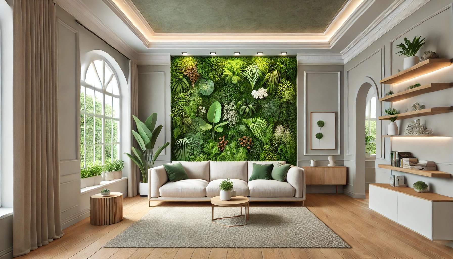 Mur végétal artificiel intérieur dans un salon moderne avec décoration épurée, canapé clair et lumière naturelle. Ambiance cosy et design contemporain mettant en valeur un mur de verdure réaliste.